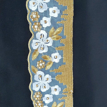 White Tissue Fabric Trim With Embroidered White & Gold Embroidery, Embellished With Beads, Brasso Trim